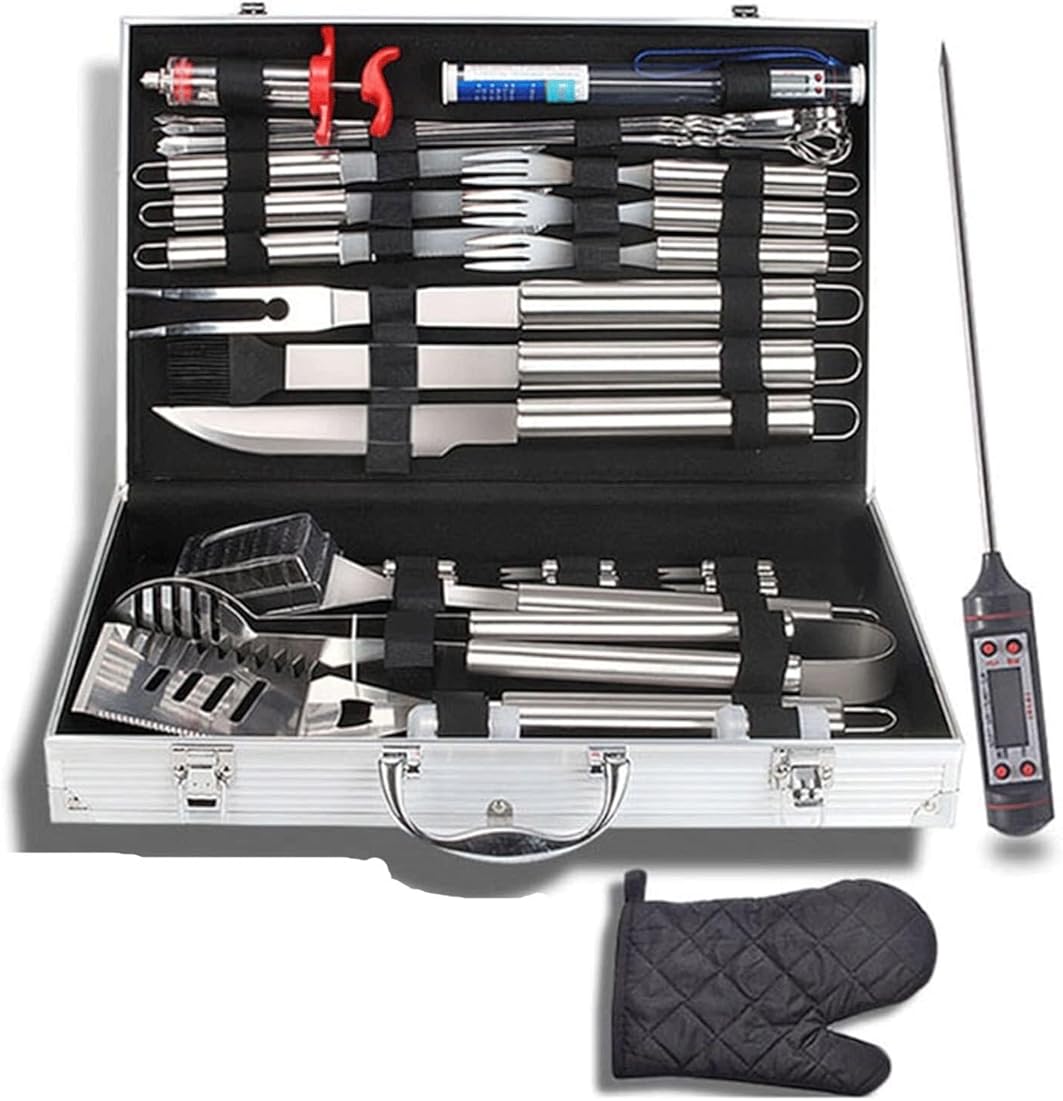 BBQ Grill Tools Set, Stainless Steel BBQ Accessories with Meat Thermometer & Injector, Complete Grill Kit for Foodies, Cooks, & Camping Lovers