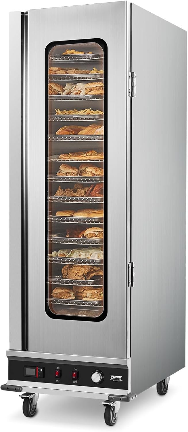 VEVOR Hot Box Food Warmer, 16-Tier Large Concession Warmer with Water Tray, Glass Single-Door and Adjustable Shelves, Stainless Steel Food Warmer Cabinet, Ideal for Storing Pizza, Chicken, Restaurant