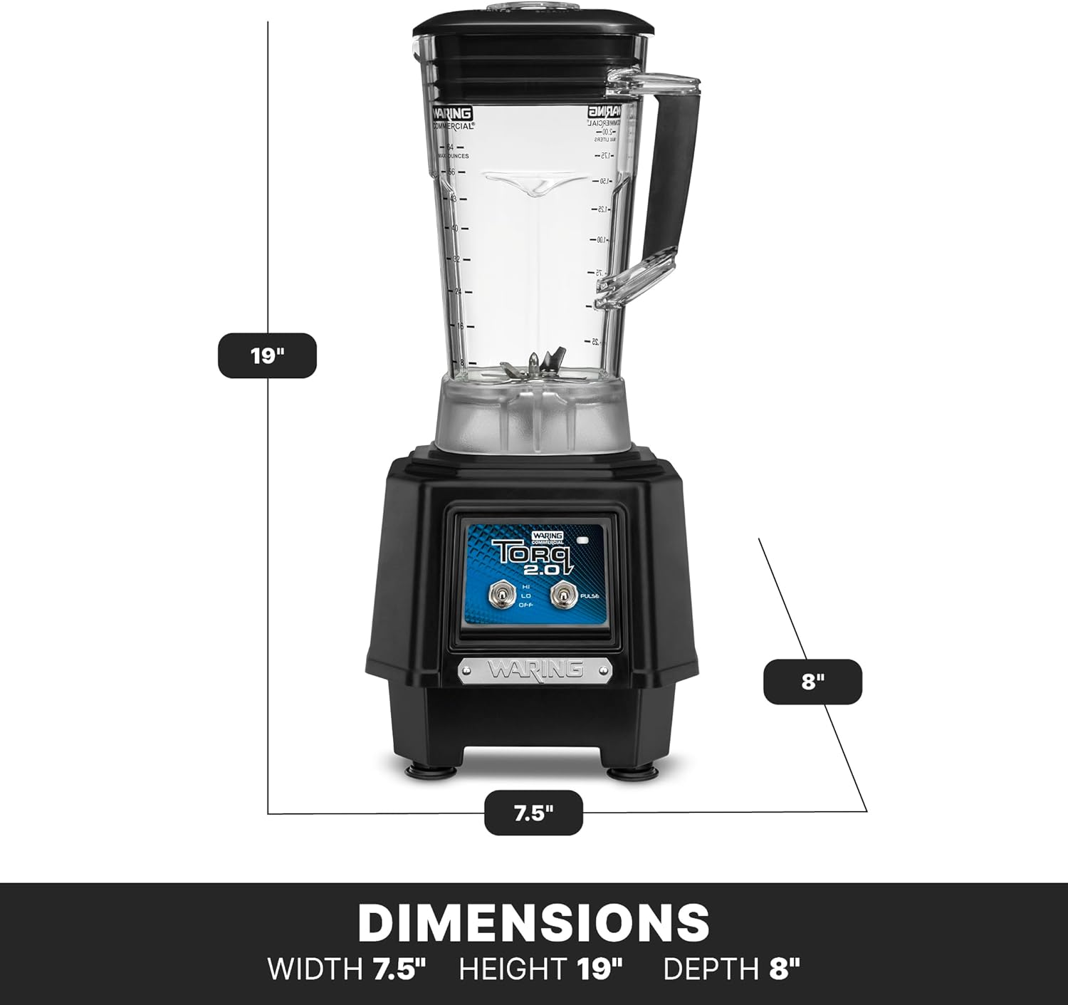 Waring Commercial TBB145P6 TORQ 2 Horsepower Blender, 2 speed Toggle Switch Controls, with 64 oz. BPA Free Container, 120V, 5-15 Phase Plug, Black
