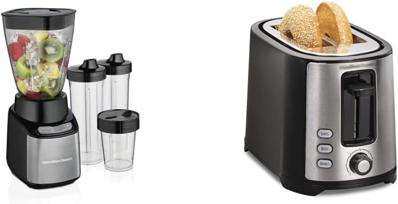 Hamilton Beach Stay or Go Blender with 32oz Jar, 8oz Grinder, Black and Silver (52400) & 2 Slice Extra Wide Slot Toaster with Shade Selector, Toast Boost, Auto Shutoff, Black (22633)