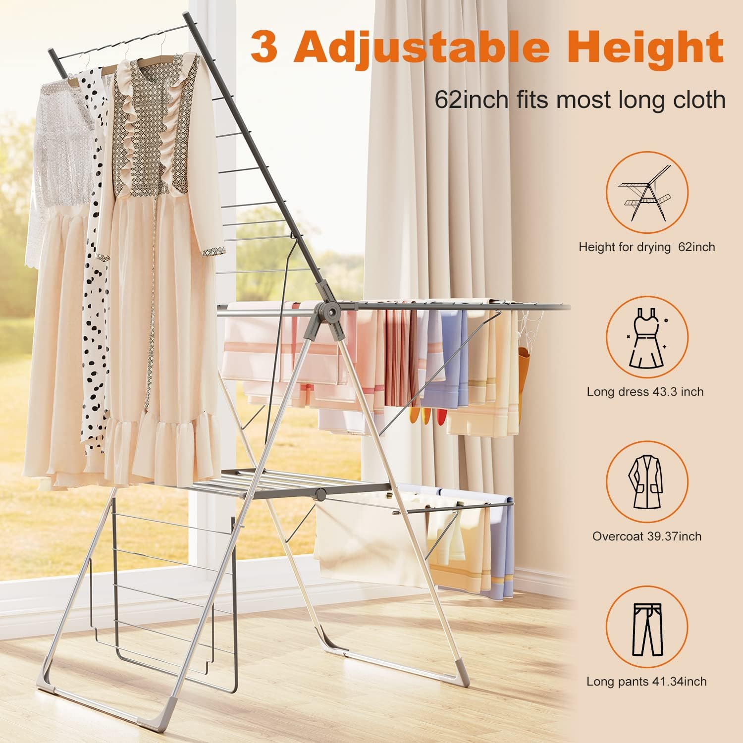 Bigzzia Clothes Drying Rack Foldable, 2-Level Large Laundry Drying Rack Collapsible, Stainless Steel Drying Rack Clothing for Indoor Outdoor, Easy to Fold, 33 Drying Rails, 142cm, Gray