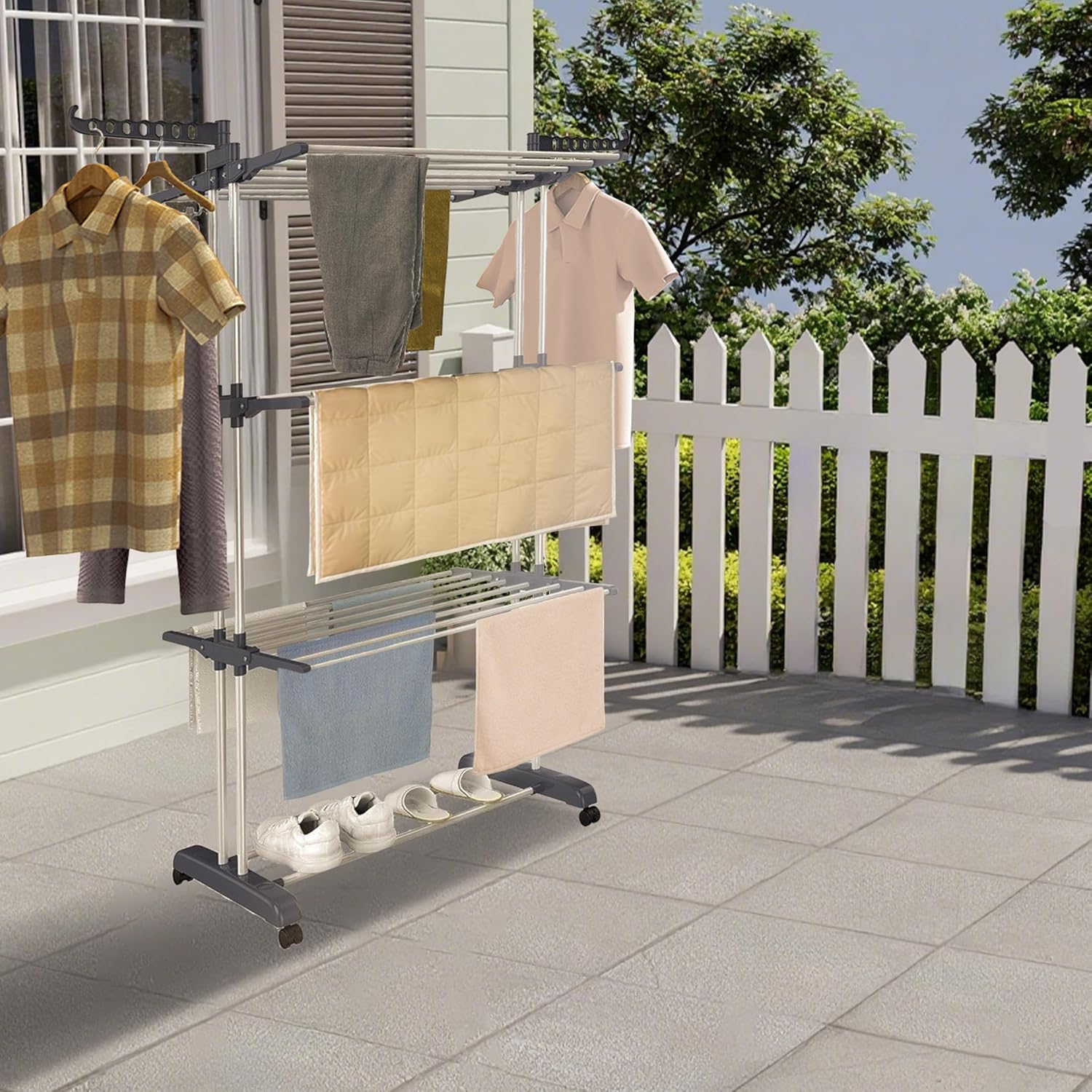 3-Tier Foldable Clothes Drying Rack with Wheels, 77 lb Capacity, Gray