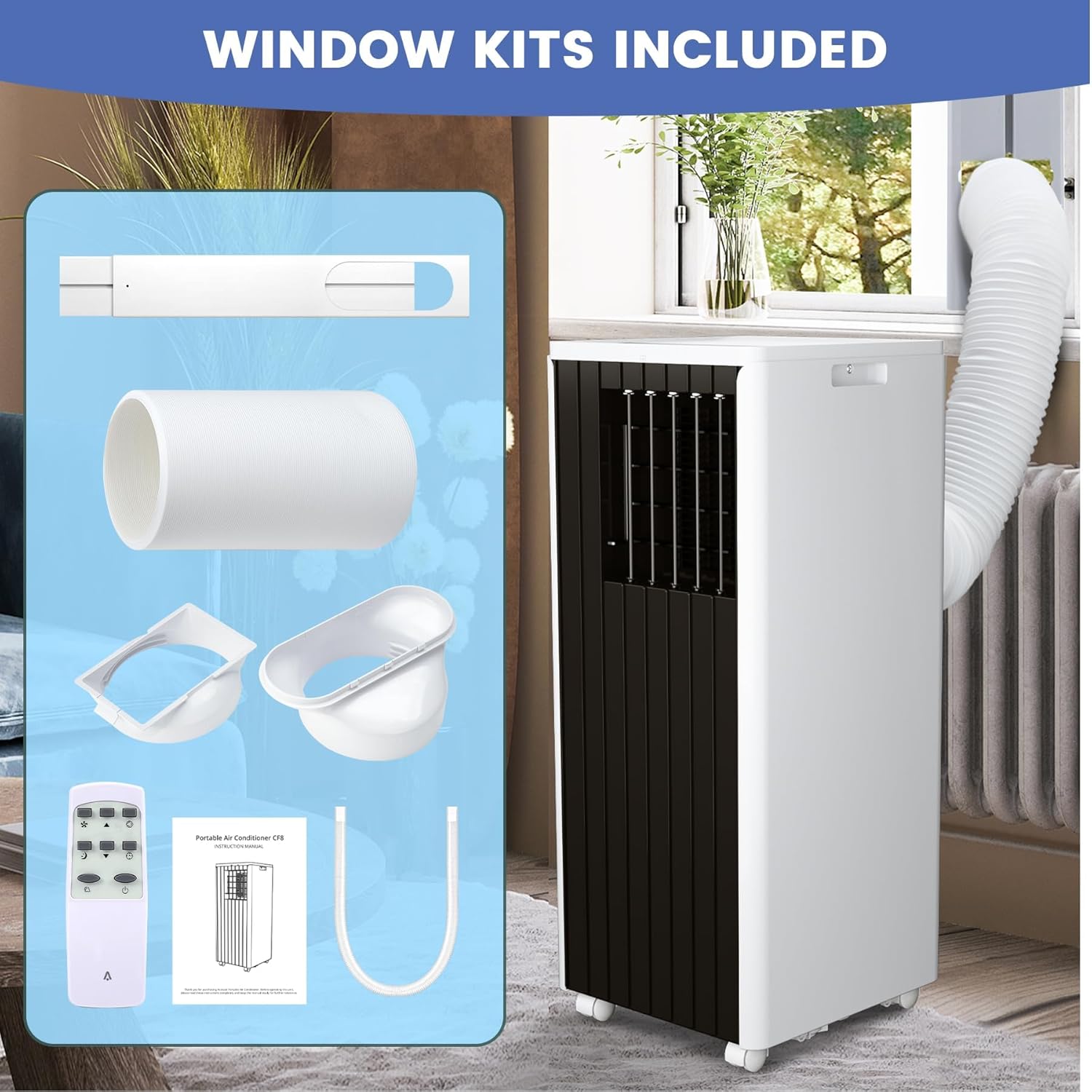Portable Air Conditioner,3-in-1 Air Conditioner Portable with Built-in Dehumidifier Function, Fan Mode, Remote Control,Comprehensive Window-Mounted Exhaust Kit，8000Btu Air Conditioner for Rooms,