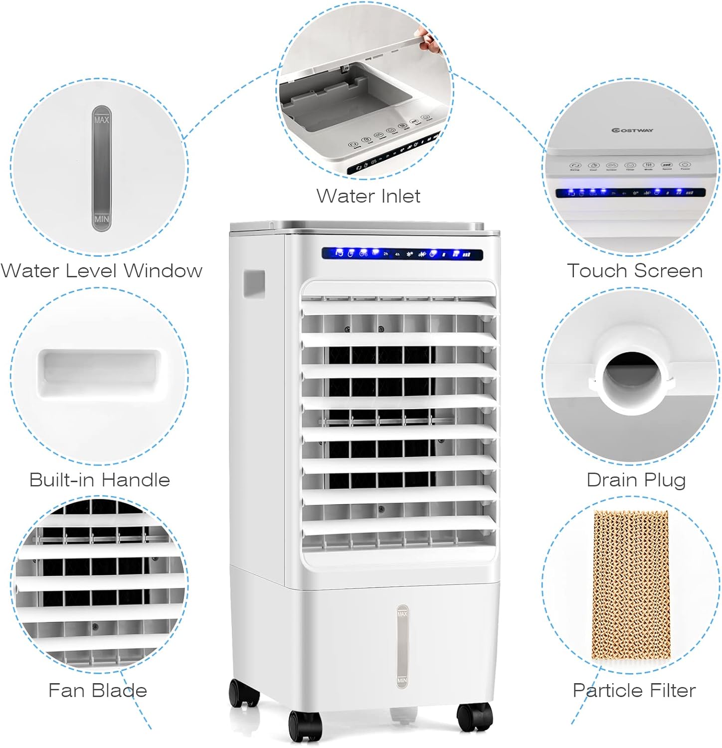 Evaporative Air Cooler, 3 in 1 Air Conditioner Fan with 3 Modes & 3 Speeds, Remote & 7H Timer, 80° Oscillation, Negative Oxygen Ion Function, Water Tank, Swamp Cooler for Home Office Dorm