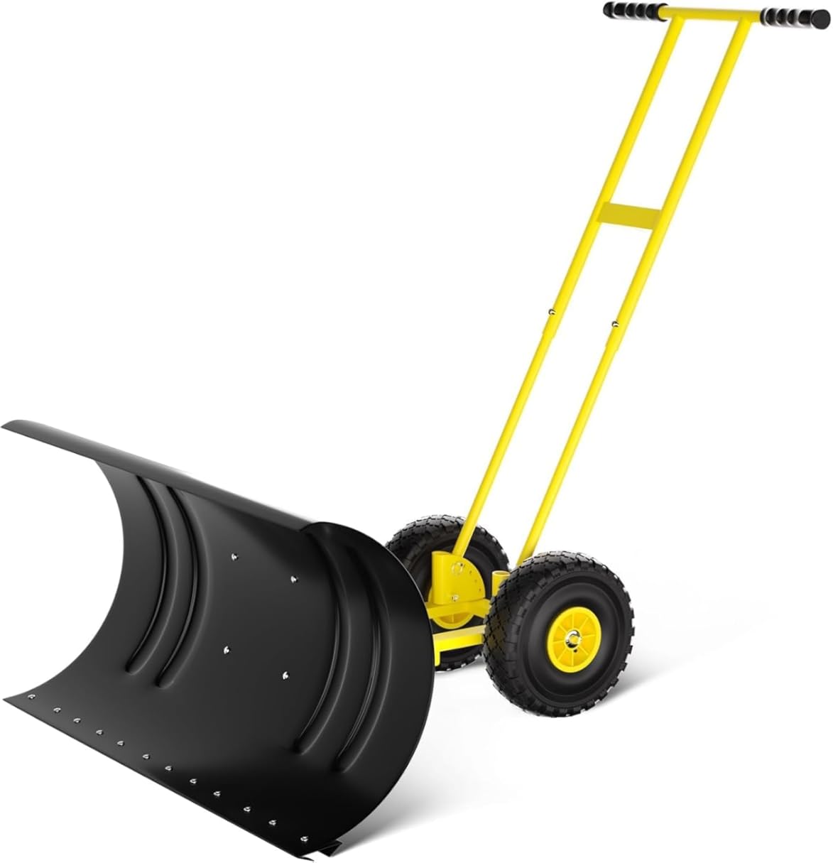 29”Wheeled Push Snow Shovel with Adjustable Blade and Handle Height, Ergonomic Handle for Clearing Snow(Yellow)