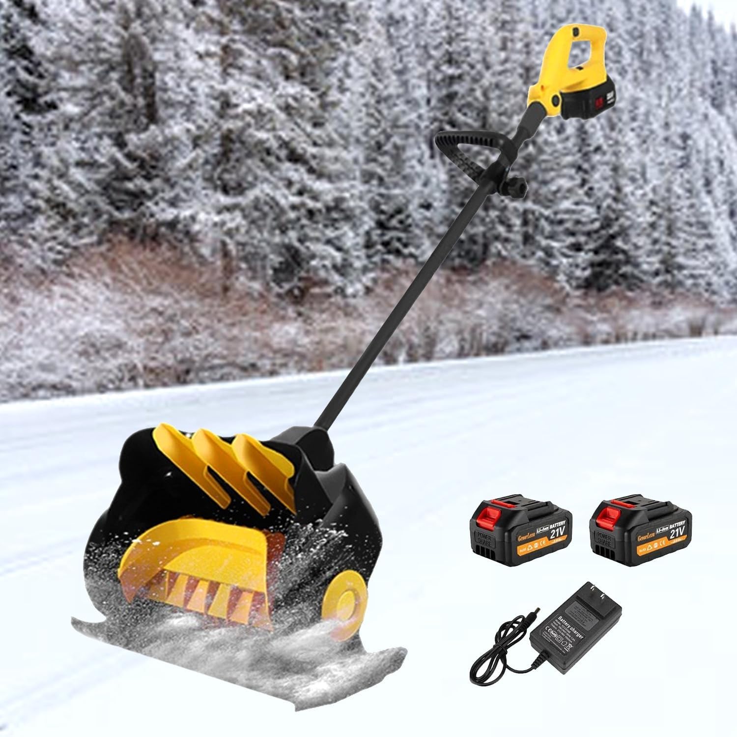 Cordless Snow Shovel with 2 Batteries, 21V Electric Snow Blower, 16''×6‘’ Snow Thrower with Adjustable Front Handle & Directional Plate, 33FT Throw Distance for Patio Deck Driveway