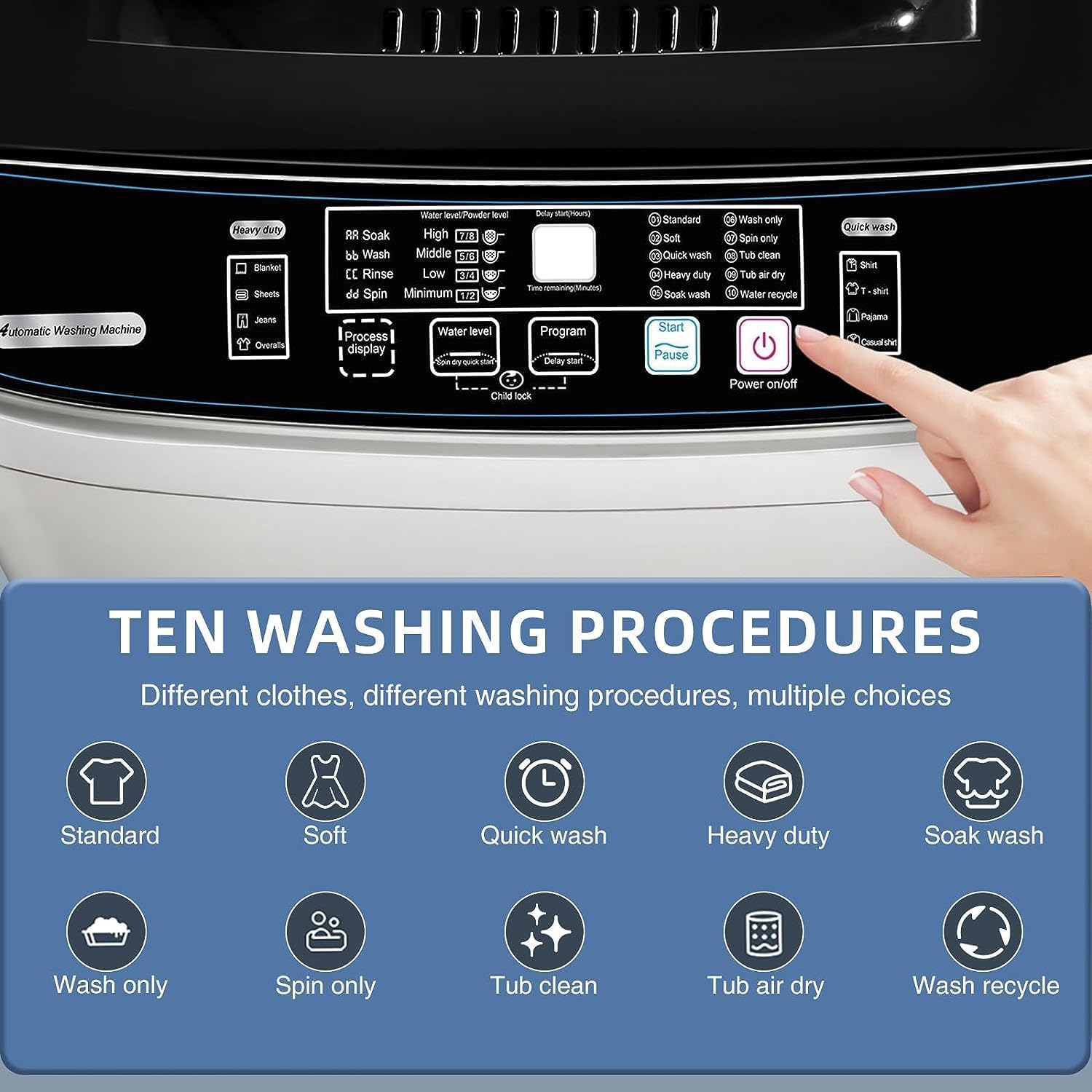 Full Automatic Washing Machine with LED Display, 10 Programs & 8 Water Levels Selections, 15.6Lbs for Home, RV, Camping, Apartment, Dorm (‎Grey)