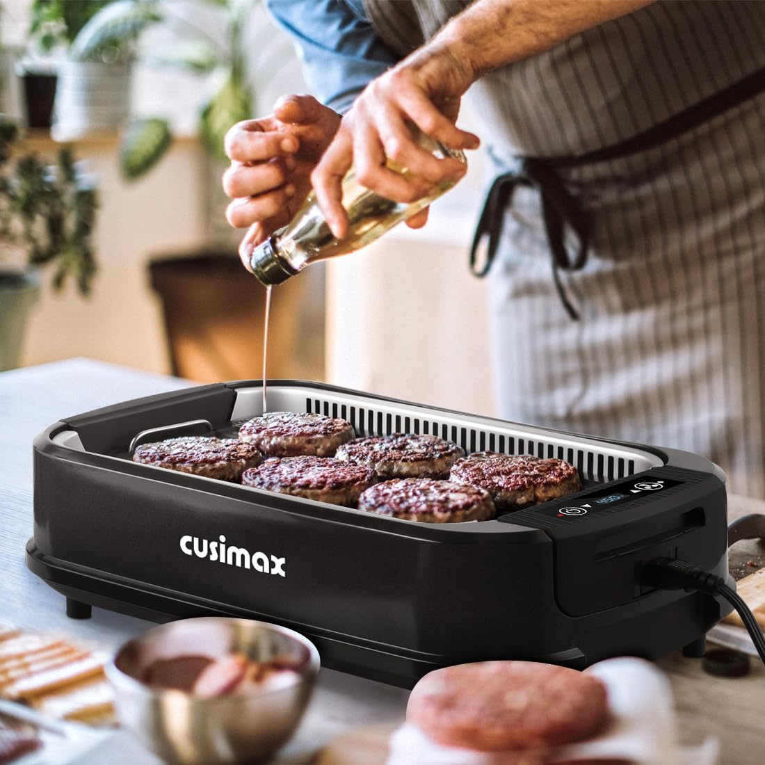 CUSIMAX Indoor Grill, Electric Smokeless Grill, 1500W Korean BBQ Grill, Electric Griddle with LED Smart Display & Tempered Glass Lid, Non-stick Removable Plate & Griddle Plate, Black