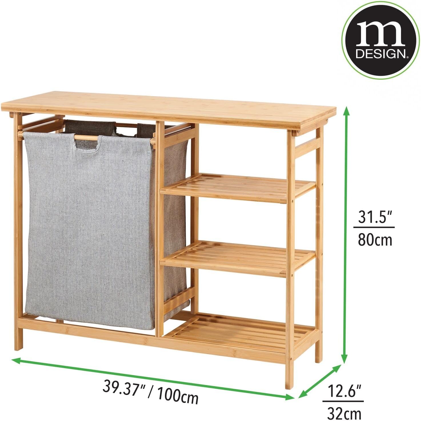 mDesign Bamboo Freestanding Laundry Hamper Basket Table - Storage Shelves for Folding Clothes and Organizing Detergent, Fabric Softener, Bleach, Dryer Sheets - Echo Collection - Natural