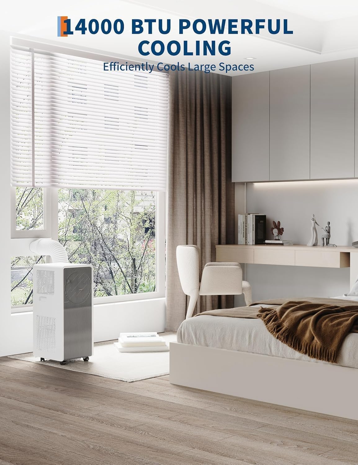 14,000 BTU Portable Air Conditioner – 3-in-1 Smart AC Cooling, Dehumidifier & Fan for Rooms up to 750 Sq.Ft with Remote Control, 3 Speeds, Sleep Mode & Whisper-Quiet Operation for Bedroom