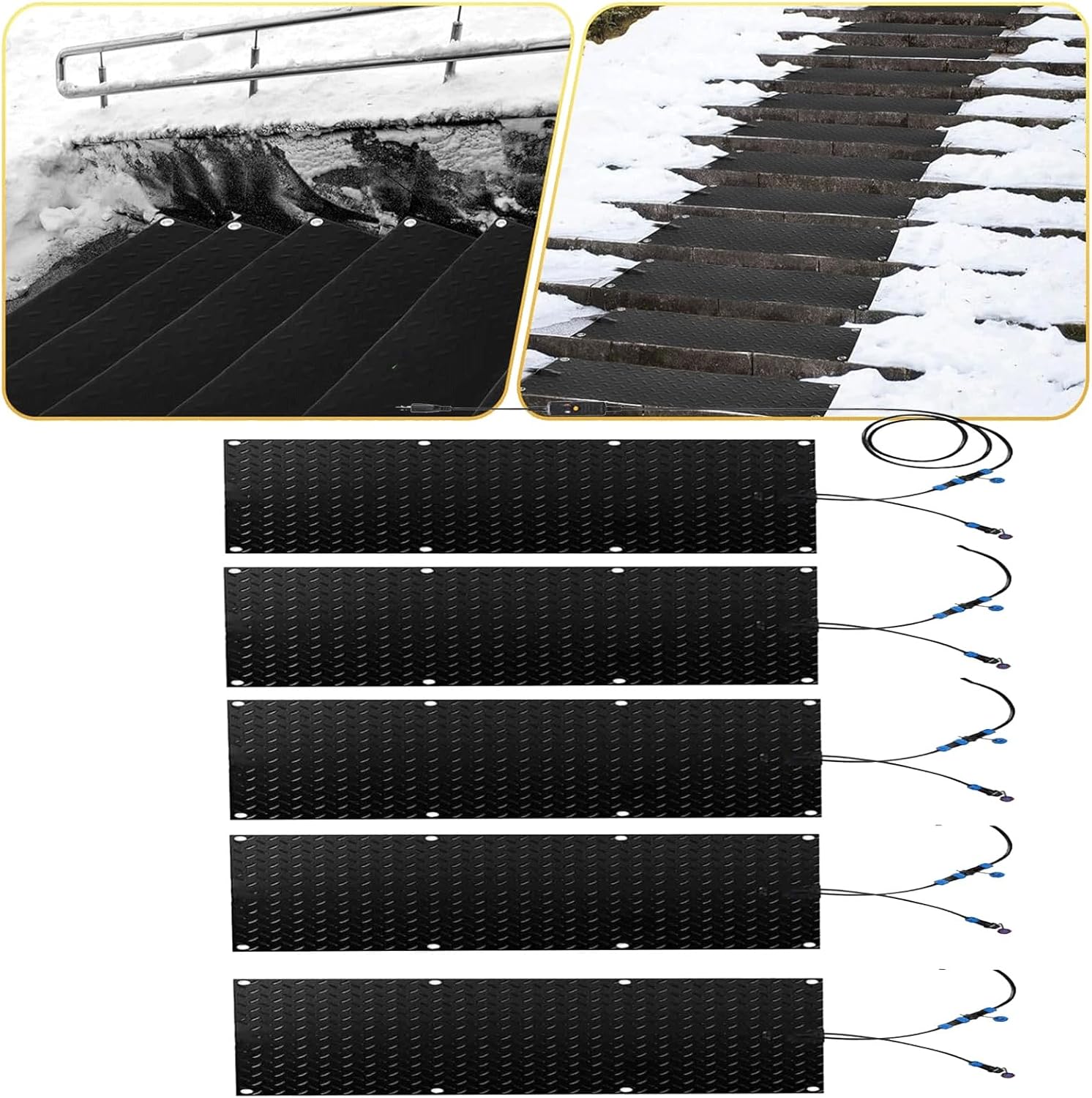 Heated Snow Melting Mats, Snow Melting Mats Outdoor for Walkways Nonslip Rubber Electric Door Mat Outside Entrance with 6.5 ft Power Cord for Winter Decks Sidewalks Stairs(5 Pcs,10in*35.4in/25.4cmx90c