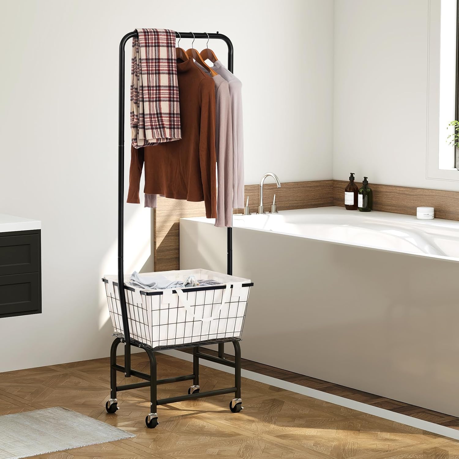 ALIMORDEN Laundry Cart with Clothes Rack, Rolling Laundry Cart with Wheels and Detachable Bags, Black