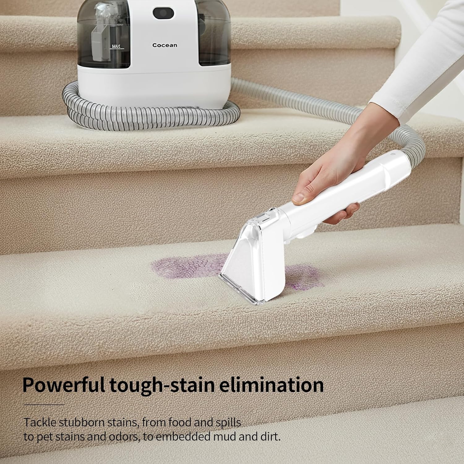 COCEAN Multi-Purpose Portable Upholstery and Carpet & Area Rug Cleaner with Shampooer, Car Interiors Machine Powerful Suction Spot and 260ML Deep Stain Cleaning Shampooer for Pets, 4 Cleaning Tools