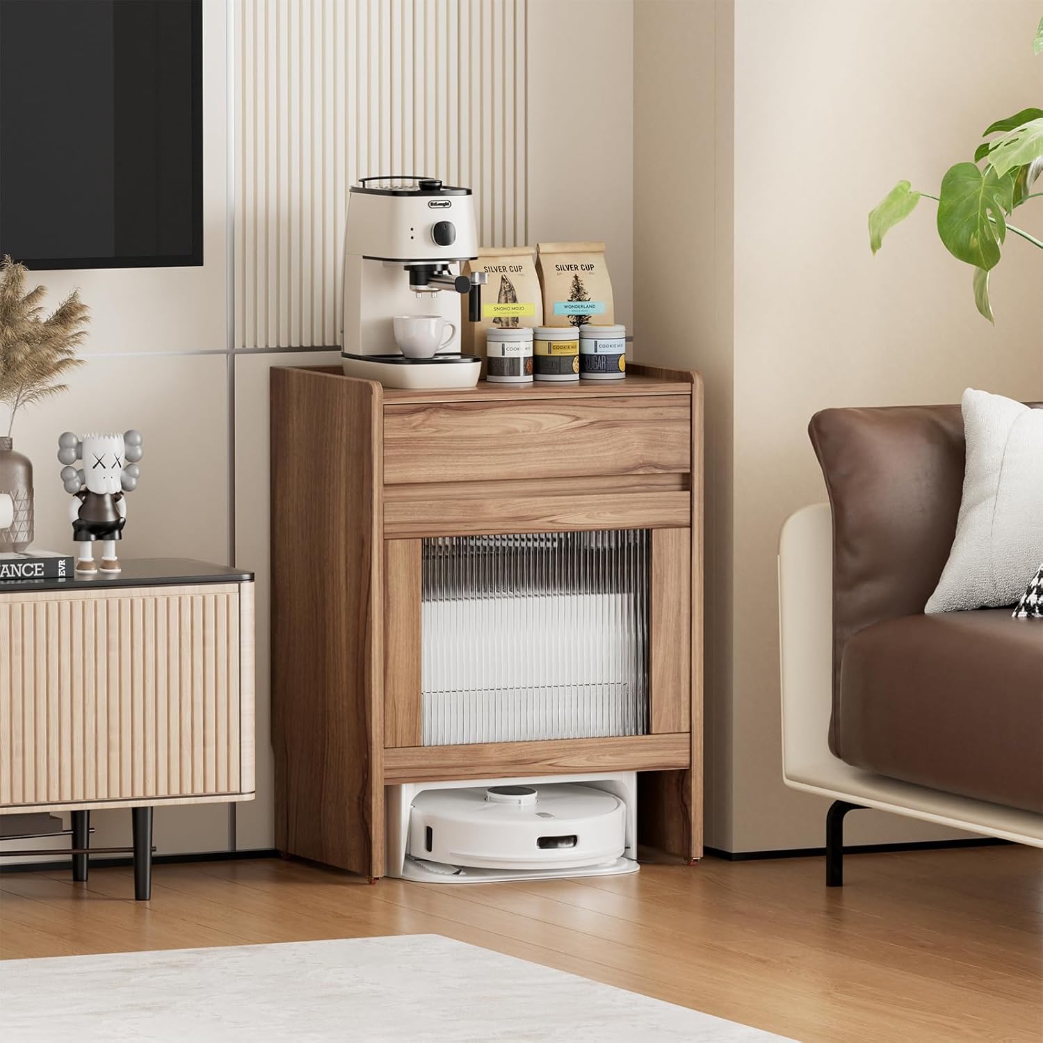 PAKASEPT Mobile Robot Vacuum Storage Cabinet Side Table, Multi Tier End Cabinet with Wheels for Living Room Kitchen