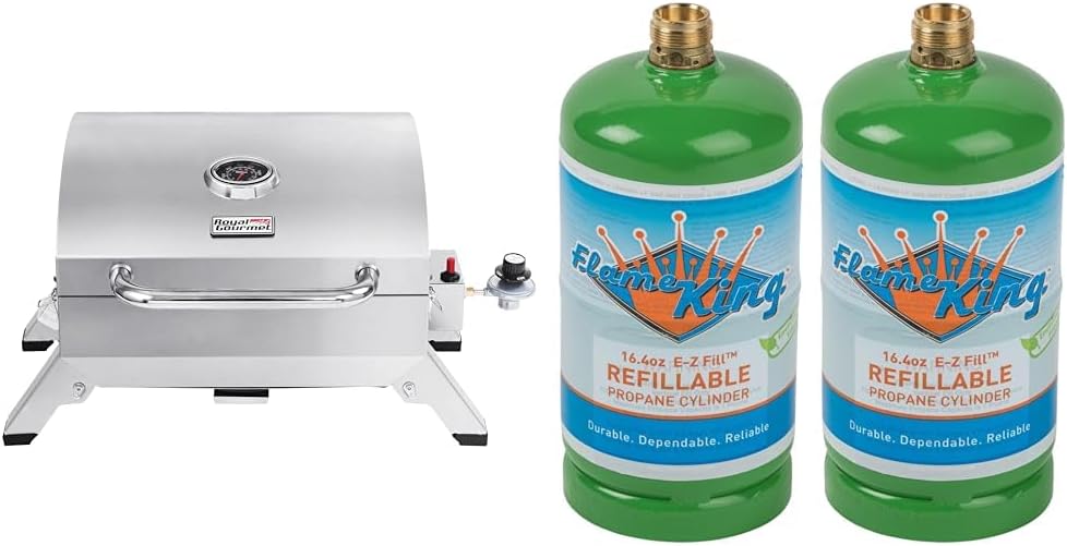 Royal Gourmet 10000 BTU GT1001 Portable Grill Bundle with Flame King 1LB Refillable Propane Cylinder 2-Pack