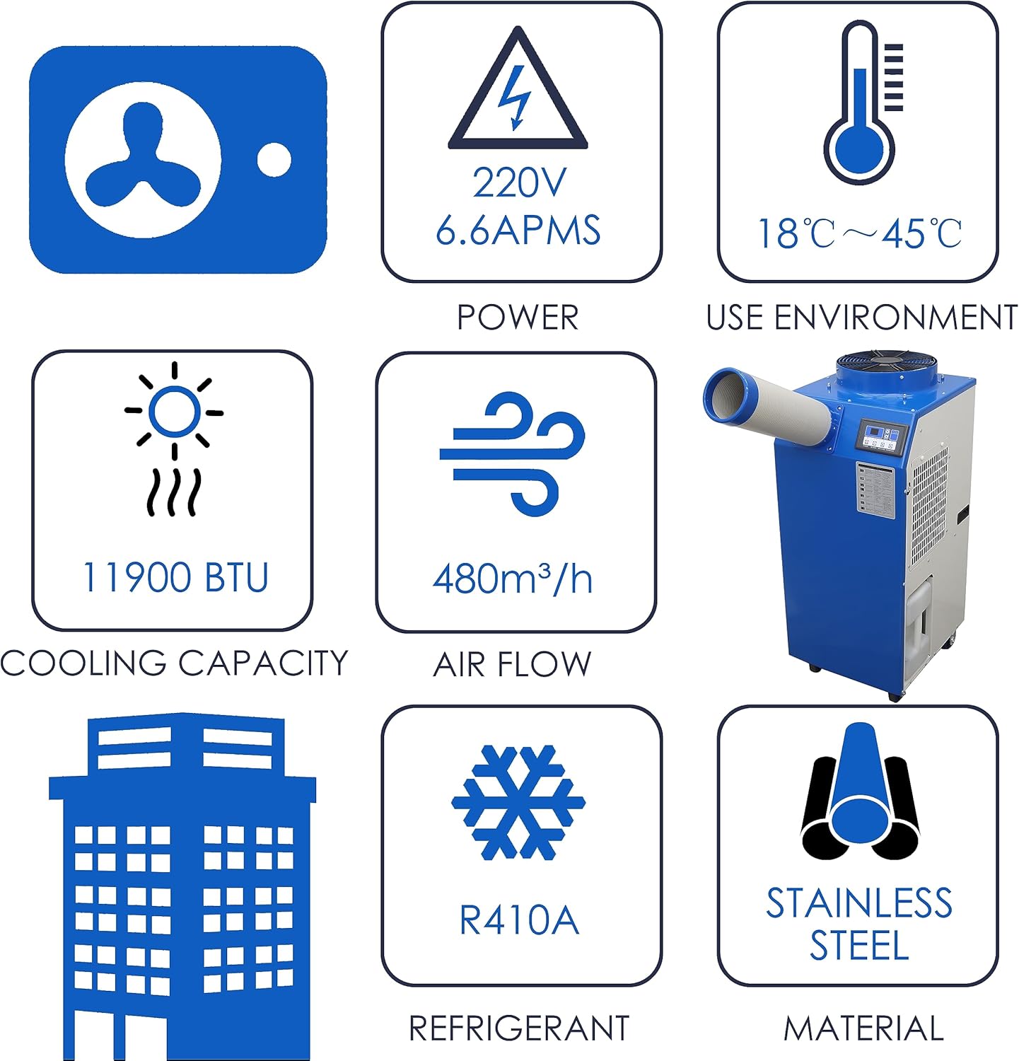 11900 BTU Industrial Portable Air Conditioner Single Nozzle Mobile Spot Cooler with 3.7 Gal Water Tank Automatic Control 480m³/h 220V 1400W