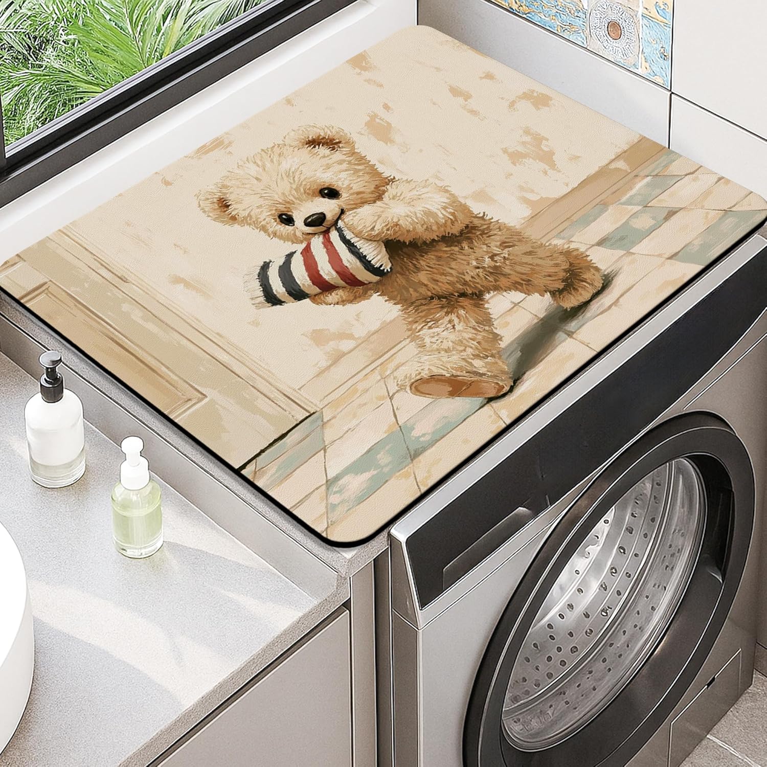 Cute Bear Washer Dryer Top Protector Mat, Vintage Plush Toy Laundry Machine Dust Covers, Winter Holiday Rubber Anti-slip Waterproof Washer And Dryer Mats for Laundry Room 20x24 Inch
