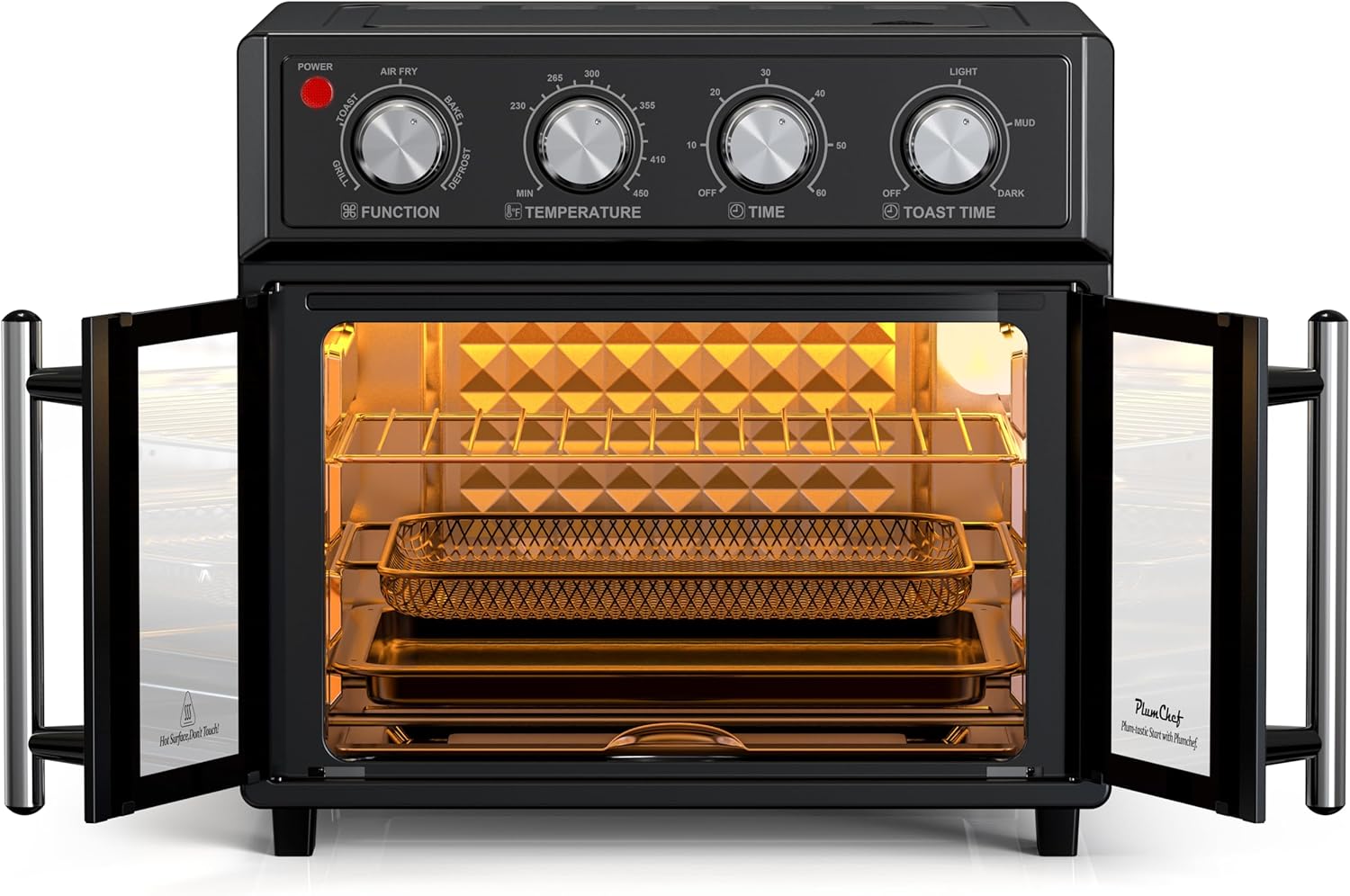 PlumChef 29.5QT Large capacity French Double-Door Air Fryer Convection Toaster Oven,1700W, 7 Preset Menus, 7-in-1 Multi-Function for Bake, Roast, Grill, Toast, Dehydrate& Defrost,Stainless Steel,Black