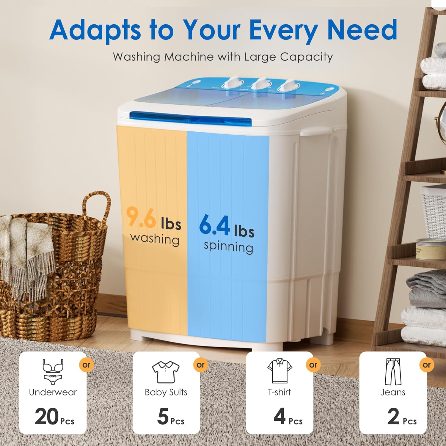 INTERGREAT Portable Washer and Dryer, 16 lbs Mini Small Washing Machine Combo with Spin Dryer, Compact Twin Tub Laundry Washer Machine for Apartments, Dorm, Rv, Camping, Blue