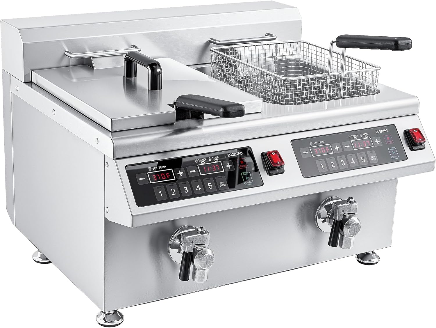 EGGKITPO Induction Fryer 24L Dual Tank Deep Fryer with Basket and Lid Countertop Electric Fryer with Timer and Oil Drain Stainless Steel Commercial Fryer for Large Restaurant and Business 120V 3600W