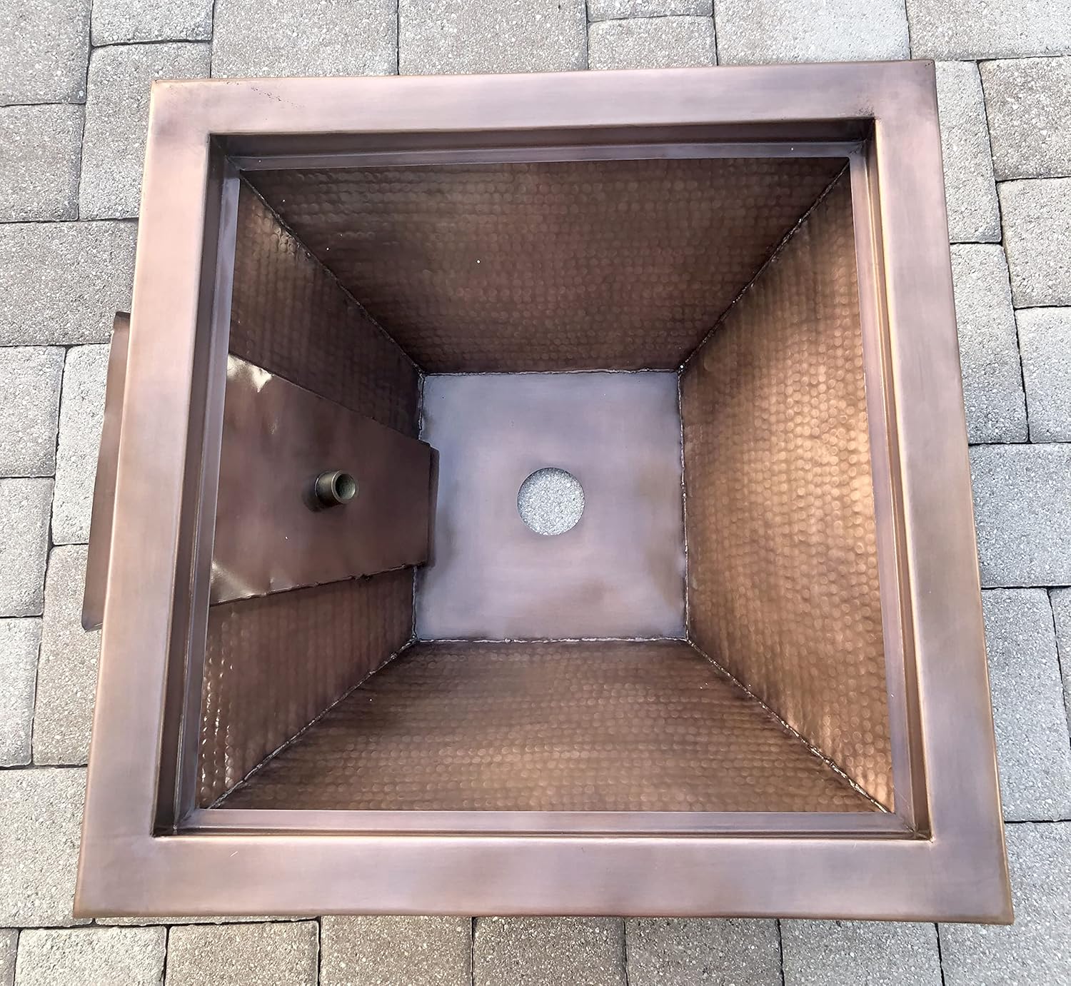 30 Inch Hammered Copper Water Bowl Fountain Square Propane or Natural Gas Fire Pit with 18 inch Diameter Burner Ring 147,000 BTU