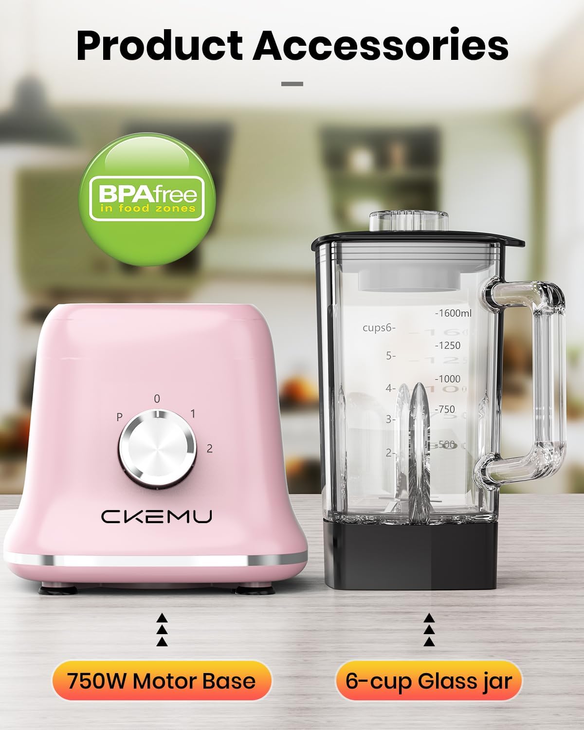 Professional Blender For Smoothies, 58 Oz Glass Jar, Glass Blender Including Puree & Crush Ice Functions, 750 Watts, Macaroon Pink, B02