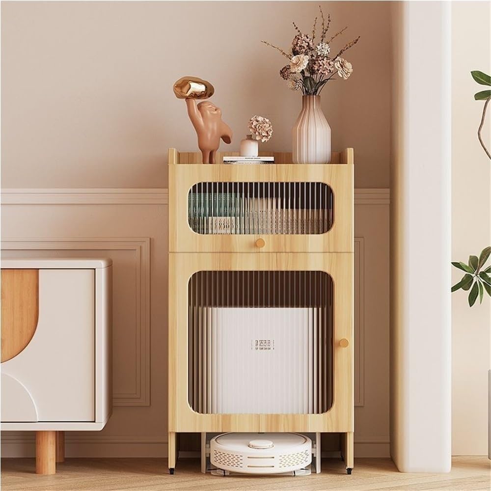 Modern Robot Vacuum Cabinet with Wheels, Movable Side Cabinet with Doors and Drawers, Hidden Storage Cabinet for Living Room, Kitchen, Office(Natural)