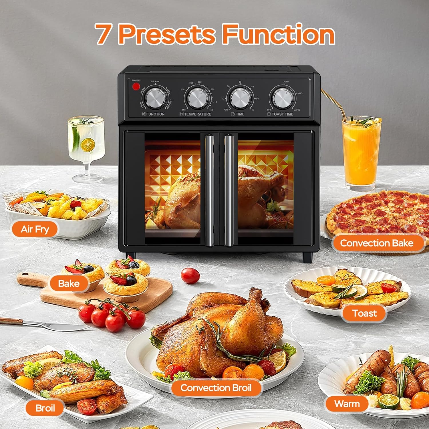 PlumChef 29.5QT Large capacity French Double-Door Air Fryer Convection Toaster Oven,1700W, 7 Preset Menus, 7-in-1 Multi-Function for Bake, Roast, Grill, Toast, Dehydrate& Defrost,Stainless Steel,Black