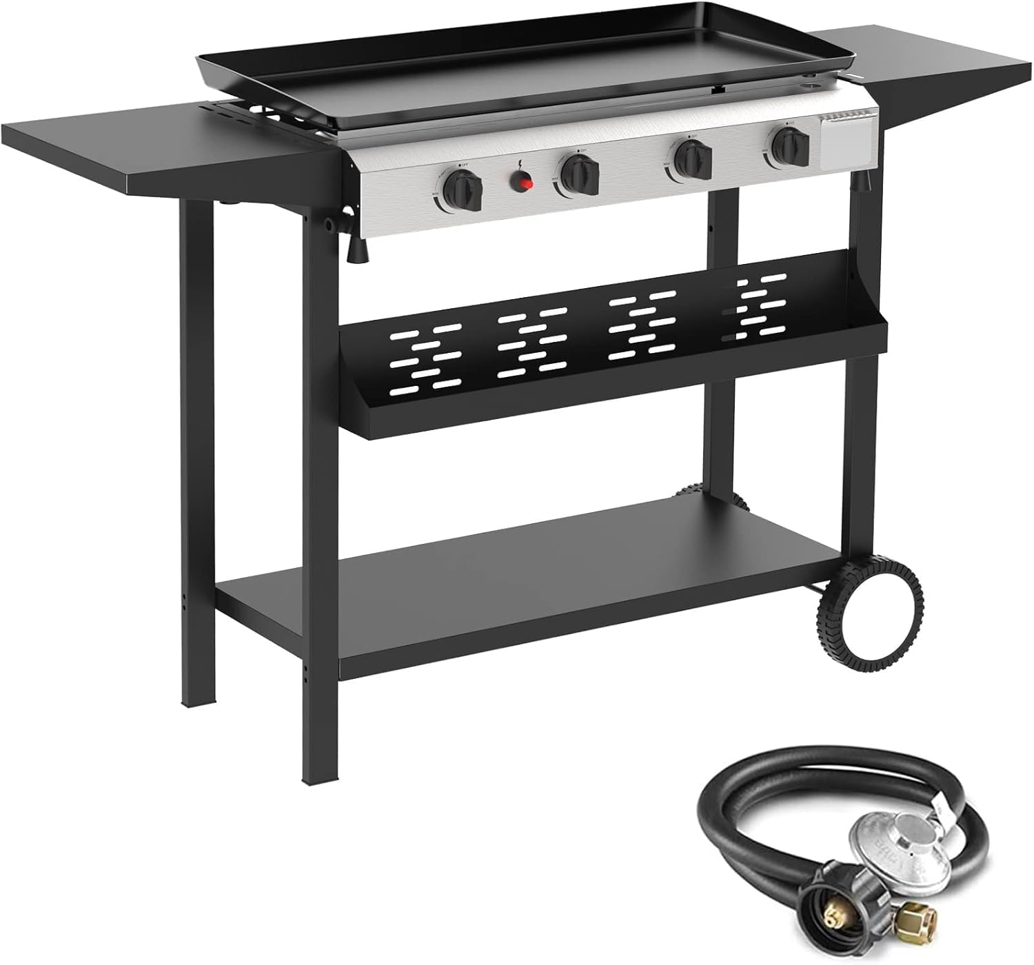 4 Burner BBQ Gas Griddle, 30 Inch Stainless Steel Portable Detachable Propane Griddle, 40,000 BTU Flat Top Grill with Side Shelves for Camping
