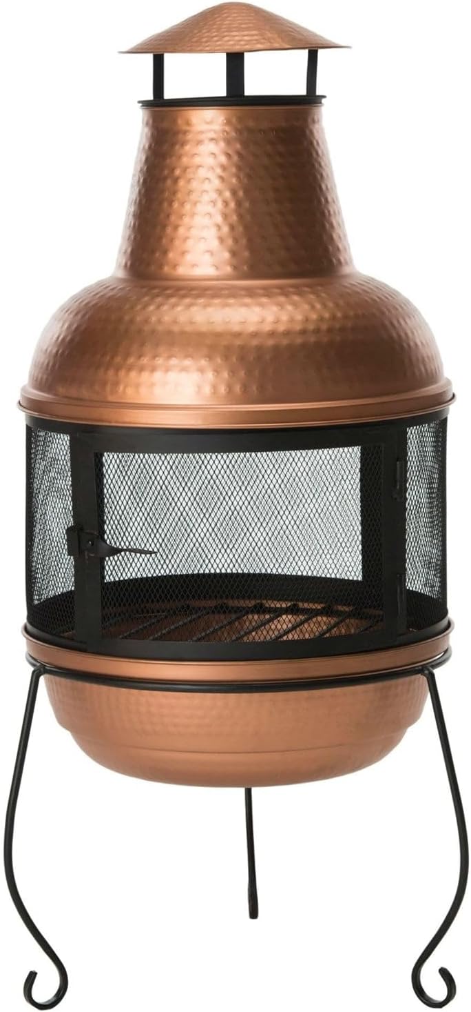 Hammered Copper and Iron Chiminea Fire Pit with Stand New
