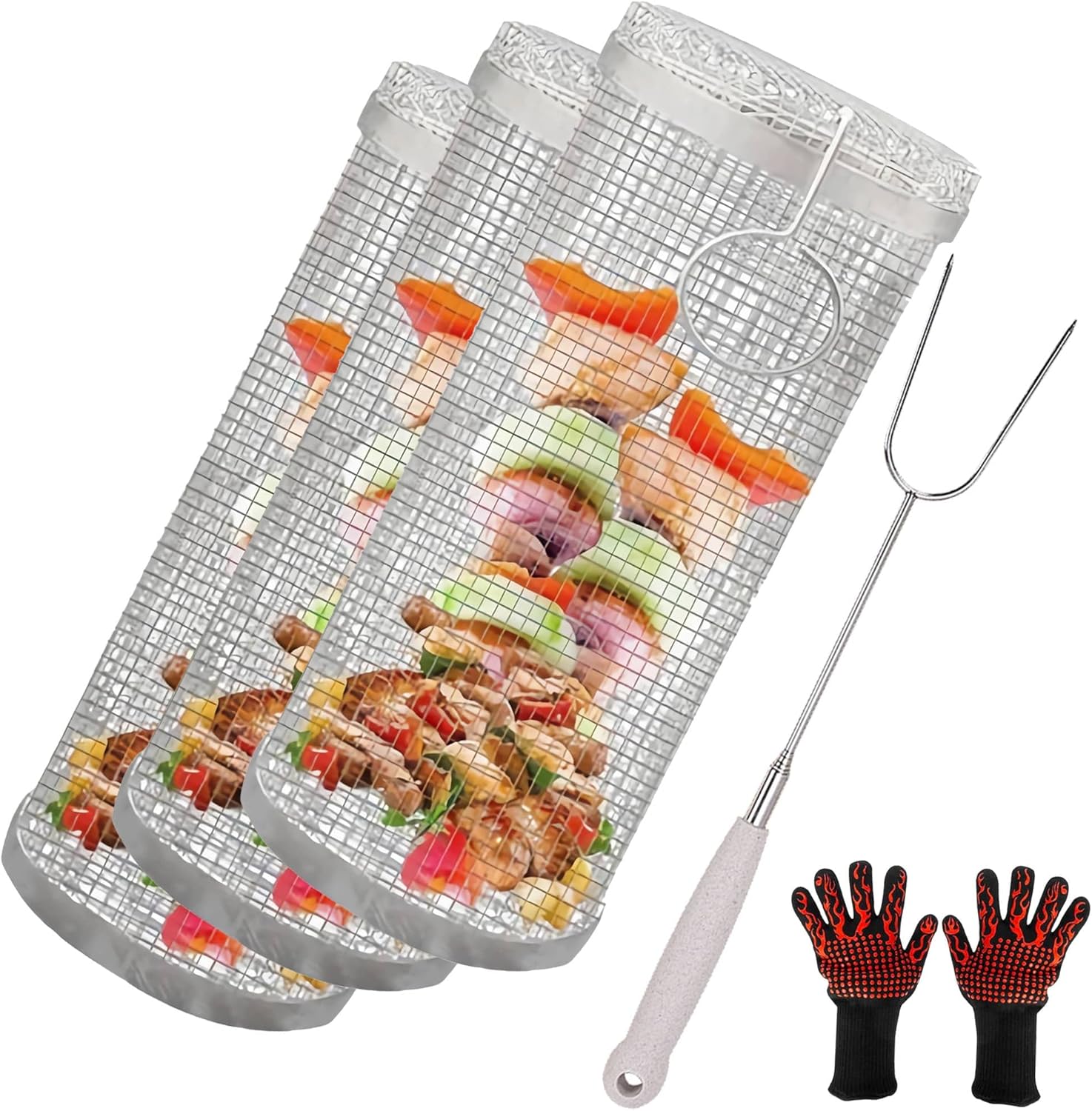 Rolling Grilling Basket,Portable Outdoor Camping Round Barbecue Rack for Vegetables,French Fries,Fish,Versatile Round Grill Cooking Accessories