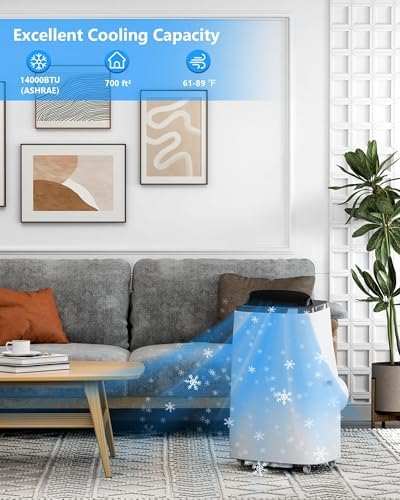 14000 BTU Portable Air Conditioners with Remote Control, 3-in-1 Free Standing Cooling AC Unit with Fan & Dehumidifier, Cools Room up to 700 sq.ft, Smart/Sleep Mode, 3 Speed, Auto Swing, 24H Timer