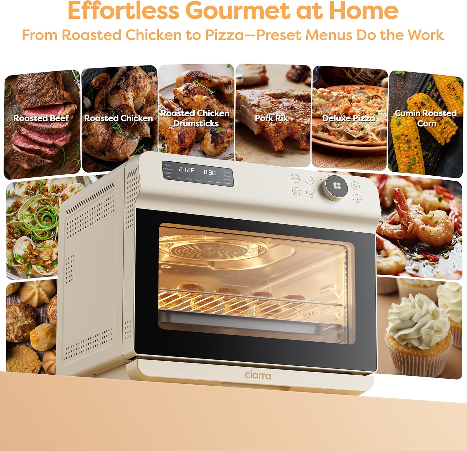 CIARRA 12-in-1 Countertop Steam Oven with Air Fryer, 25.4QT Steam Air Fryer Combo Nosh Oven Pro - Convection Toaster, Bake, Self-Clean, Dehydrate, Ferment, White