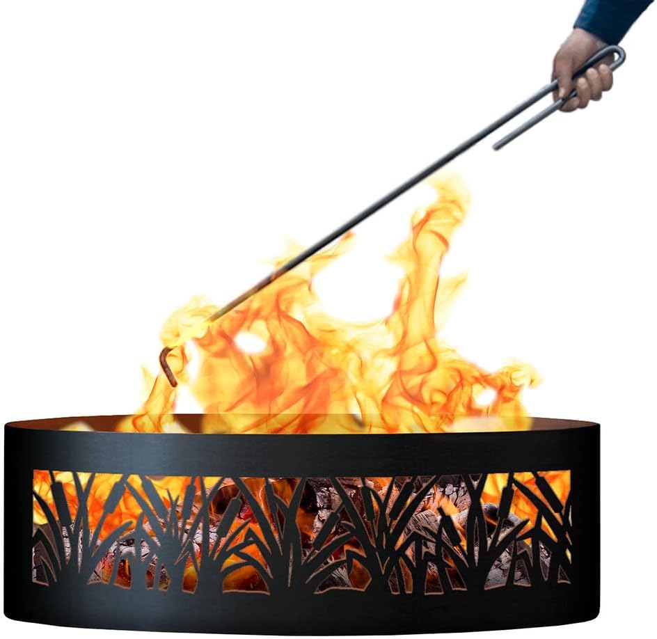 PD Metals CFR00937-FP Cattail Unpainted 12 in. Tall 37 in. Diameter Outdoor Fire Ring with Fire Poker - 37 x 37 x 12 in. - Rustic Black Color