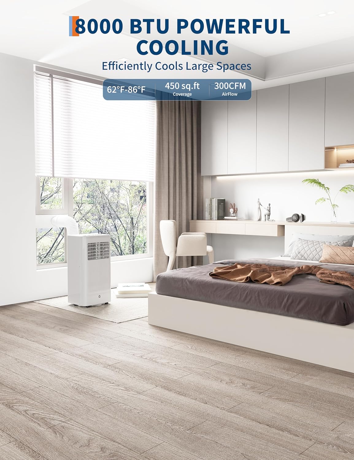 8000 BTU Portable Air Conditioner, Quiet 3-in-1 Cooling Unit for Rooms Up to 250 Sq.Ft, Includes Dehumidifier & Fan Modes, Remote Control, Sleep Mode – Perfect for Bedrooms & Apartments
