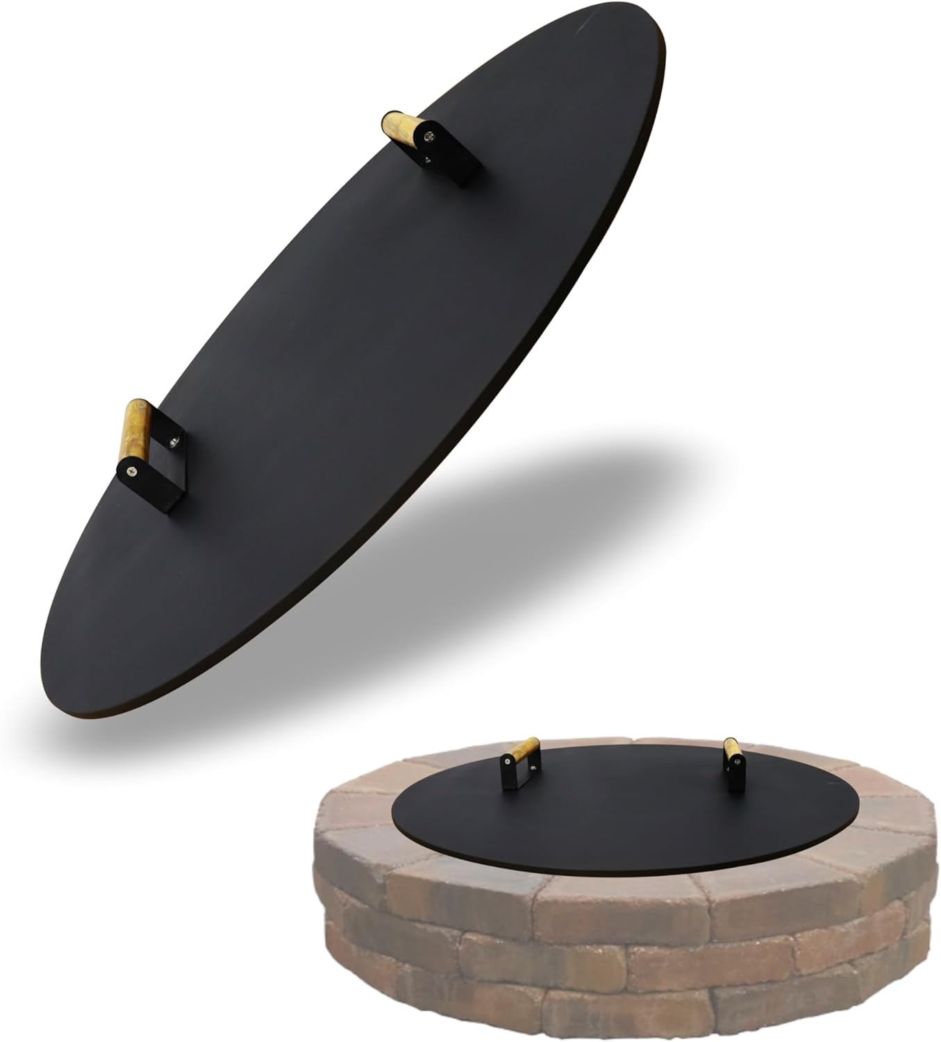 Round Fire Pit Lid - 28 inch fire pit cover Metal with Wooden Handles - Fits for Bonfire Pits or Propane Fire Pit Fire Tables, Weather Resistance Outdoor Firepit & Smokeless Fire Pit Cover as Tabletop