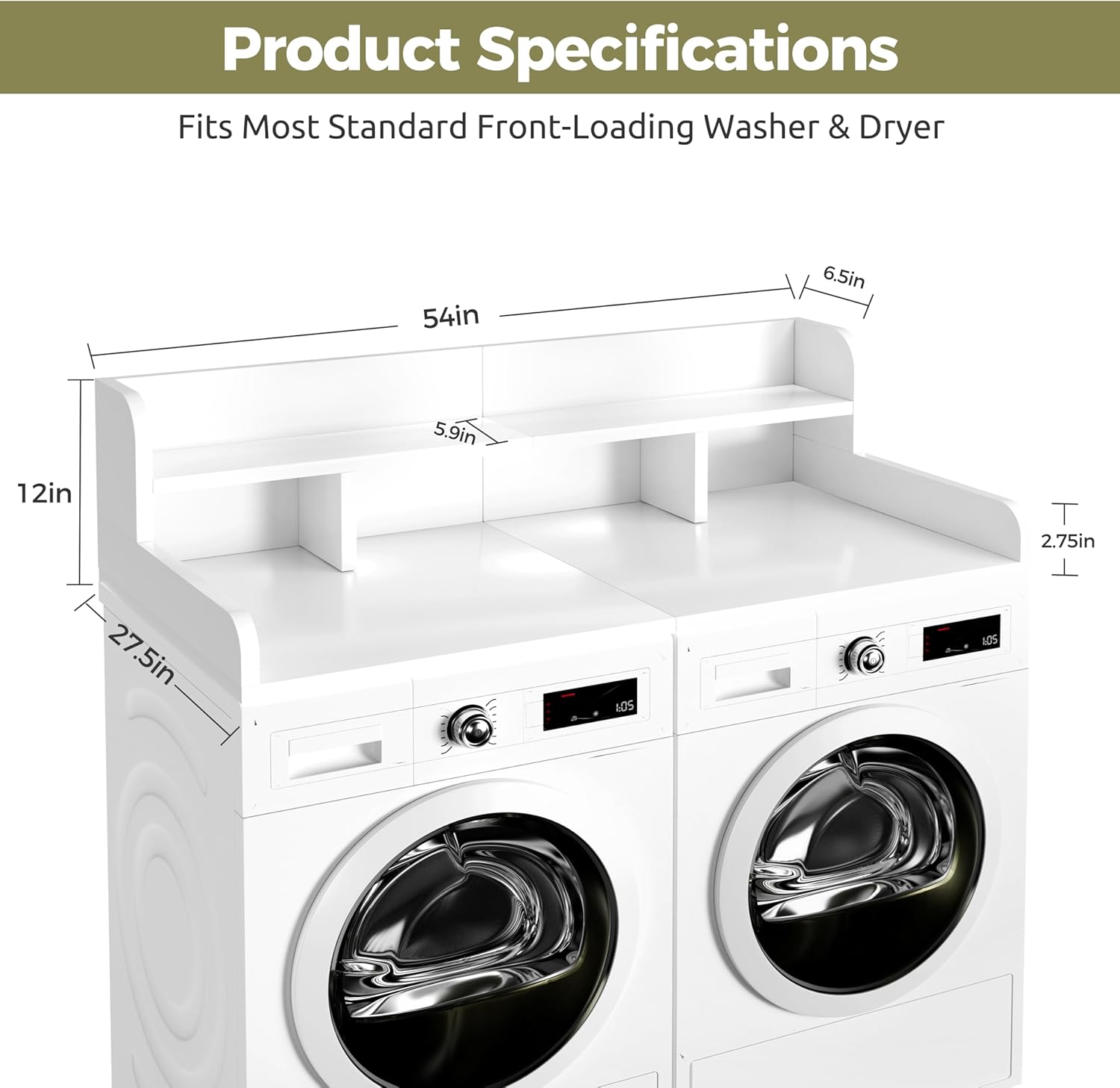 Washer Dryer Countertop, 2-Tier Laundry Countertop Over Washer and Dryer with Edge Rails & Non-Slip Pads, 54