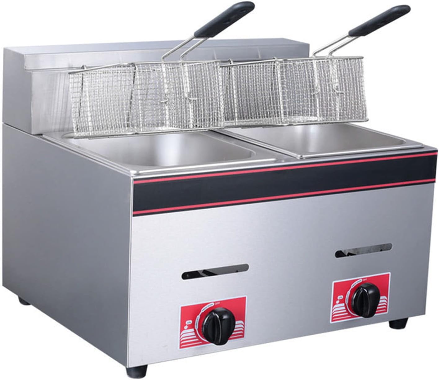 Professional Stainless Steel Commercial Gas Desktop Fryer, Large Capacity Fried Chicken and Potato Chips Outdoor Propane Lpg Double Tank Fryer, Restaurant Kitchen Fryer with Frying Basket and
