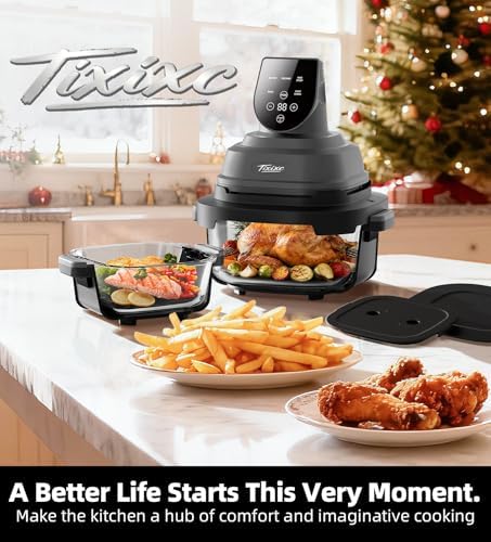 5-in-1 Portable Glass Air Fryer, 4QT & 6-Cup Glass Containers with Lids, Silicone Mat, 1500W Small Air Fryer, 90% Less Oil, Dishwasher/Freezer Safe for Single Servings, Family Meals