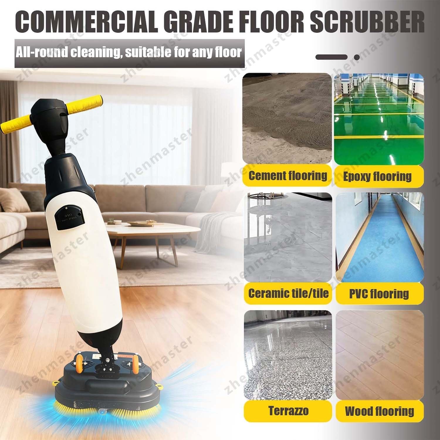 Commercial Floor Scrubber Machine, Hand Push Electric 3-in-1 Washer Dryer 17-Inch Cleaning Width, 13000 Sq Ft/H Efficiency for Tile Hardwood Carpet Floors, Ideal for Home Office Hotel Use(Gray)