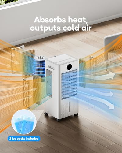 Portable Air Conditioner, Evaporative Air Cooler Windowless with Remote, 3 Speeds, 12H Timer, Oscillating Swamp Cooler for Bedroom, Living Room, White