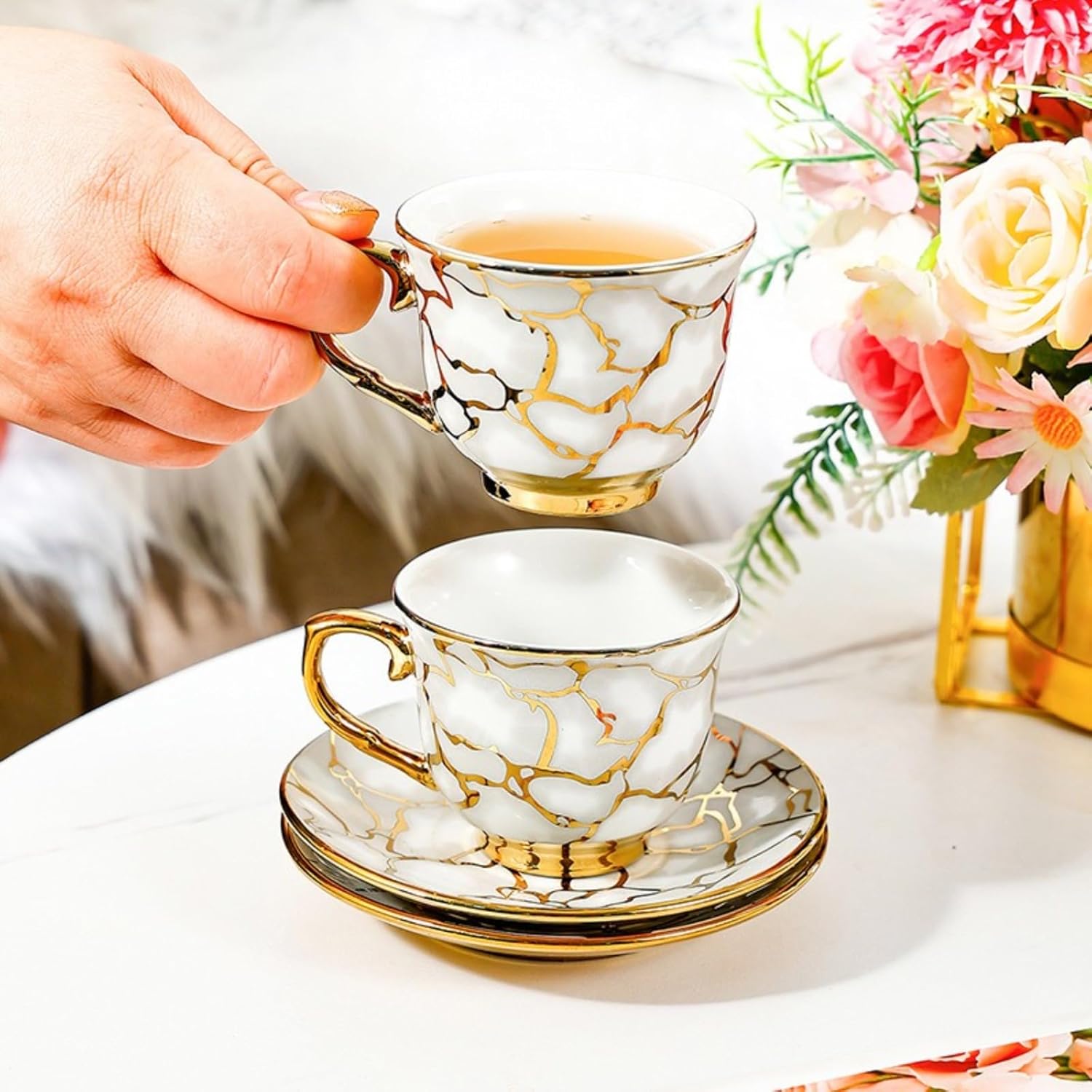 6件套Ceramic coffee cup, plate set, gold edged cup, commercial American exquisite ceramic water cup set, household cup, coffee cup