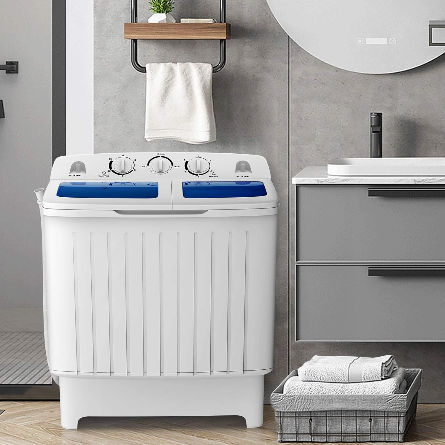 LDAILY Portable Washing Machine, 20lbs Compact Twin Tub Washer and Spinner with Drain Pump and Deep Cleaning, Mini Laundry Washing Spinning Combo for Apartment, RV, Dorm, Camping (White & Blue)