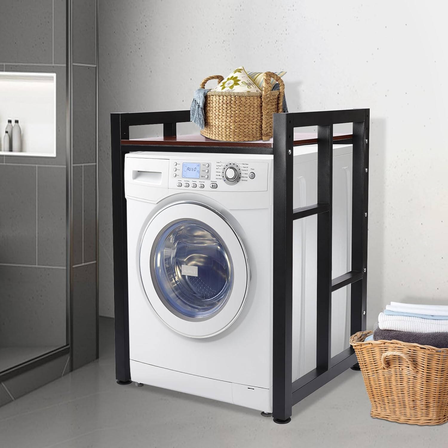 Black & Teak Washer Dryer Rack, Over-Appliance Storage Shelf 2-Tier, Metal Frame Wood Top Organizer for Laundry Room, Bathroom, 27in Wide Gap Cart, Holds Detergent, Towels, Slim Slide-in Unit