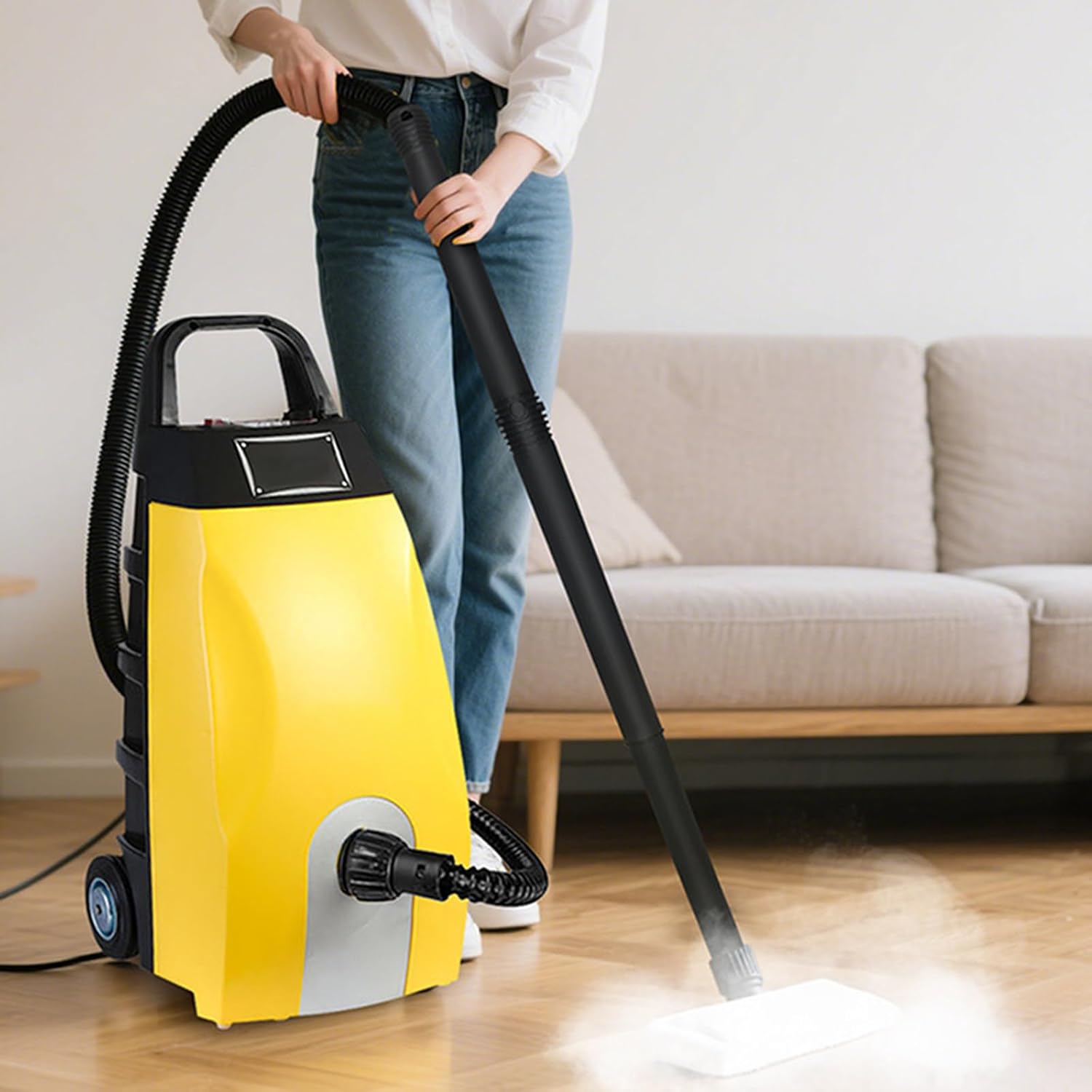 3000W Multi-Purpose High Temp Steam Washe, 40s Fast Heat Up, with 6 Accessories, 3.5L High Pressure Steam Cleaner - Continuous Steam Output, for Home, Car, range hood, air conditioner (Yellow+mop)