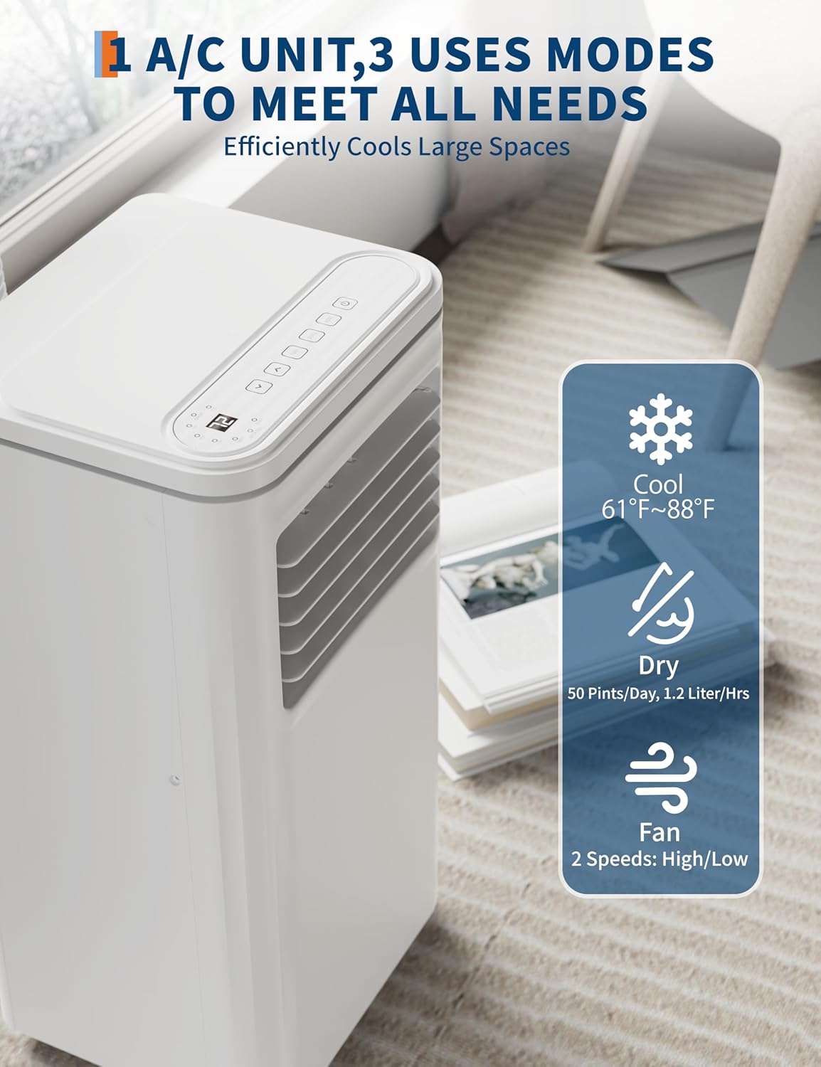 8,000 BTU Portable Air Conditioners, Quiet Portable Cooling AC Unit Up to 350 Sq.Ft. with Dehumidifier, 24H Timer, Sleep Modes, 3 in-1 AC Unit with Remote Control, for Bedroom, Room, Office,Apartment