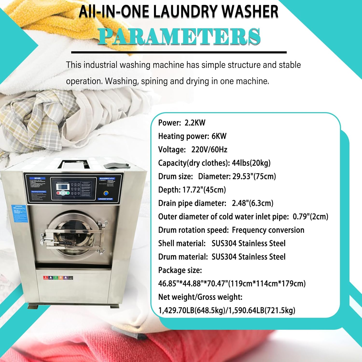 Combination Washer Dryer Automatic Washing Spinning Drying Combo Machine All-in-one Laundry Washer Dryer Extractor Machine 44LBS Capacity Washer Extractor Dehydrator 2.2KW 220V 3PH 60HZ