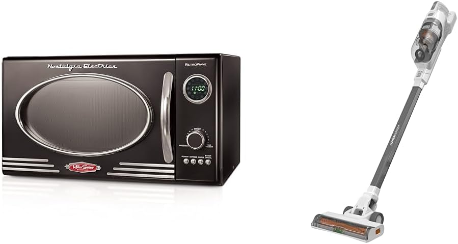 Nostalgia Retro Countertop Microwave Oven & BLACK+DECKER POWERSERIES+ 20V MAX Cordless Vacuum, LED Floor Lights, Autosense Technology, For Multi-Surfaces (BHFEA520J), White