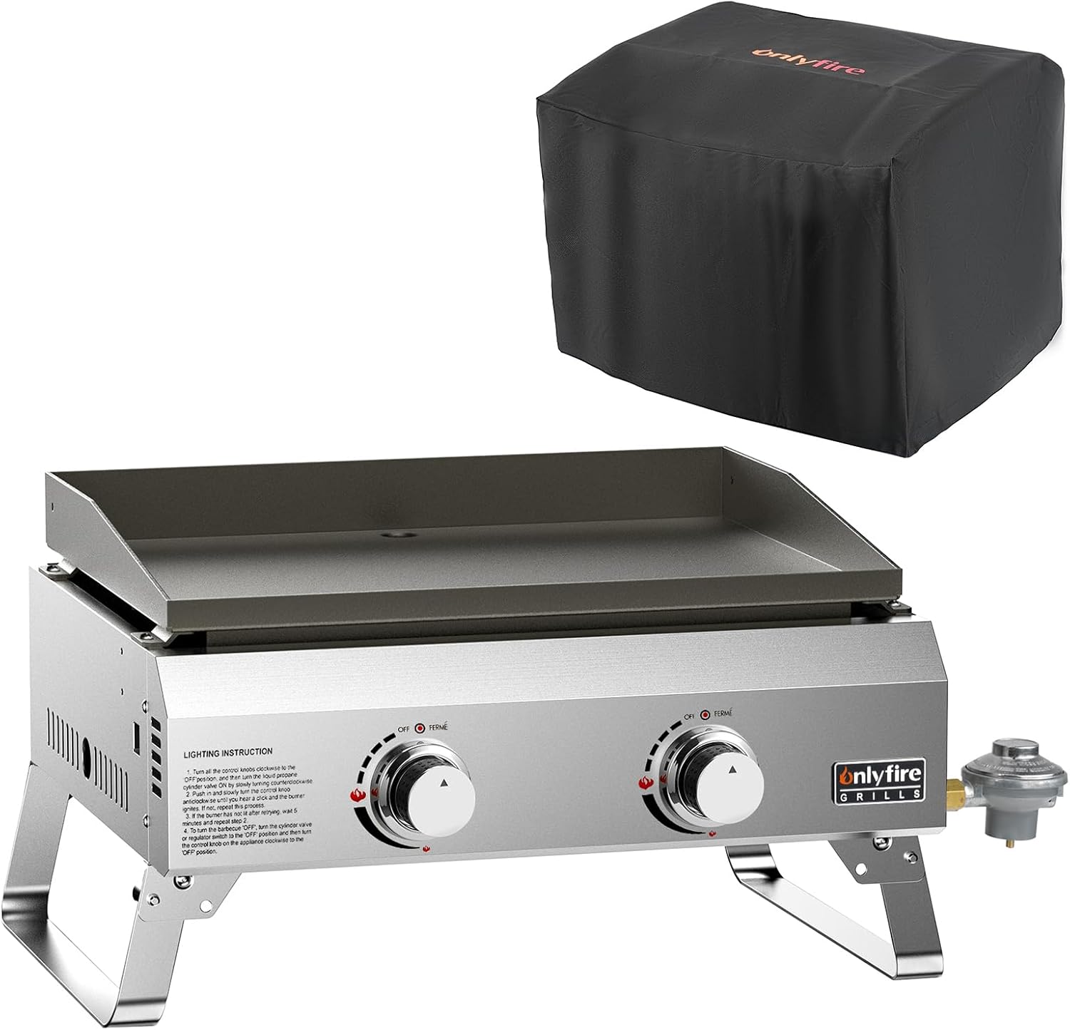 Onlyfire Flat Top Gas Griddle and Grill Cover Bundle, 2-Burner Tabletop BBQ Propane Grill Griddle, Portable Grill Stove for Outdoor Cooking Patio Party Camping Tailgating RV, Stainless Steel, GS318