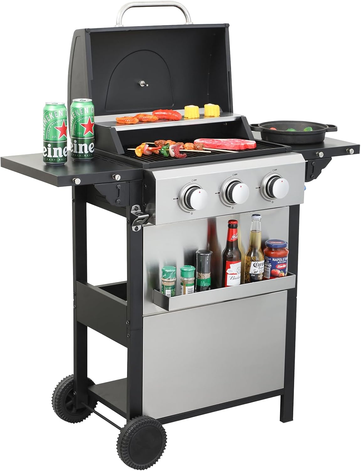 3-Burner Propane Gas Grill,25,650 BTU,Stainless Steel Thermometer & Easy-Push Ignition, 1022°F Heat-Resistant Cart, Foldable Side Tables on 6